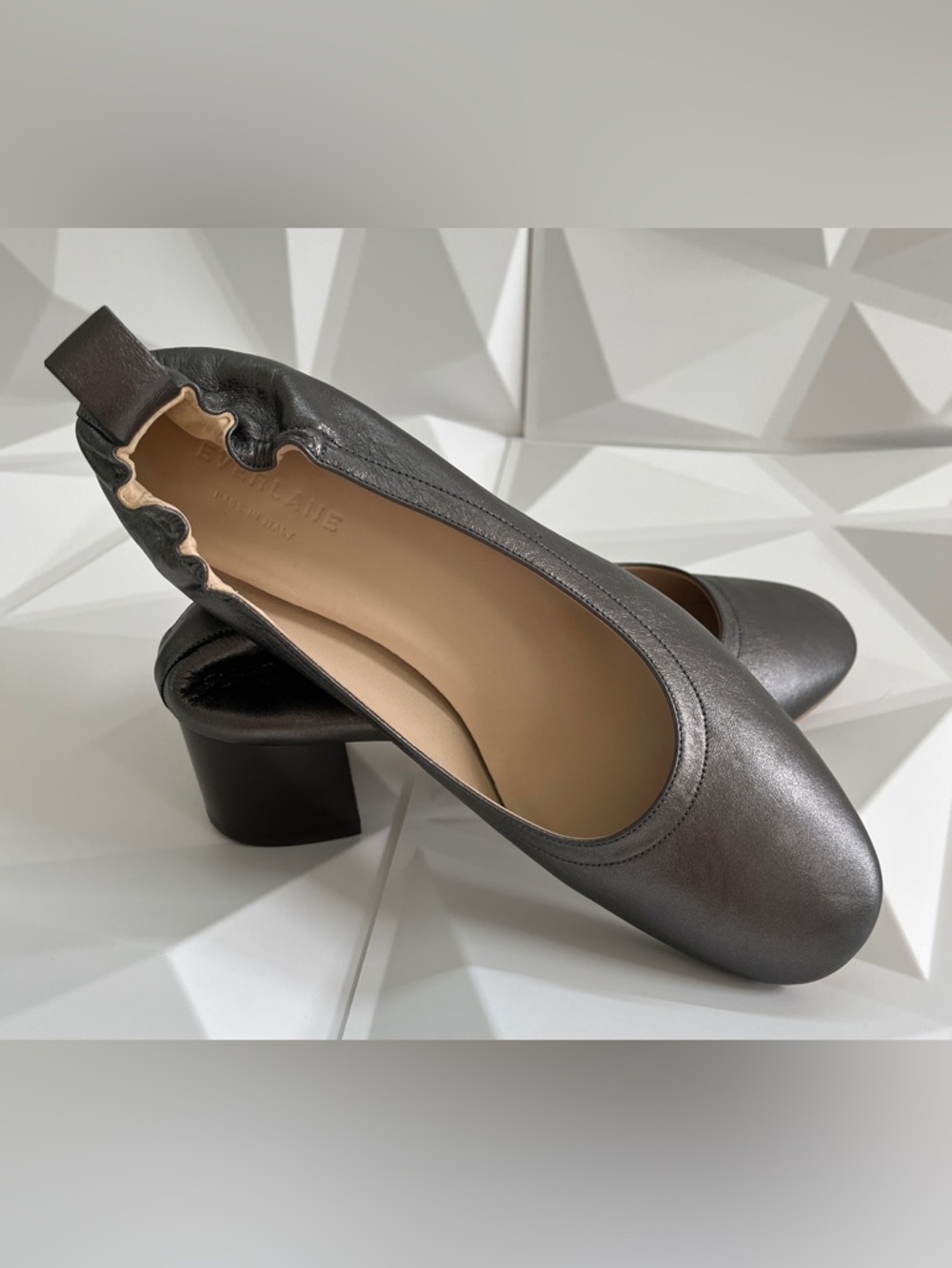 Everlane The Day Heel Color Grey Metallic Block Size:8.5 The Italian Leather